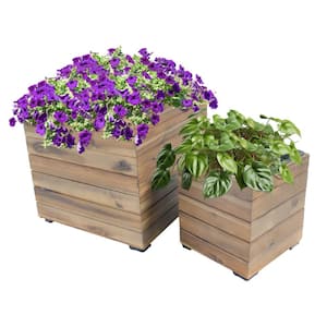 2-Piece Large Acacia Wood Square Planter Boxes with Plastic Liners - Horizontal Plank - Anthracite Stain