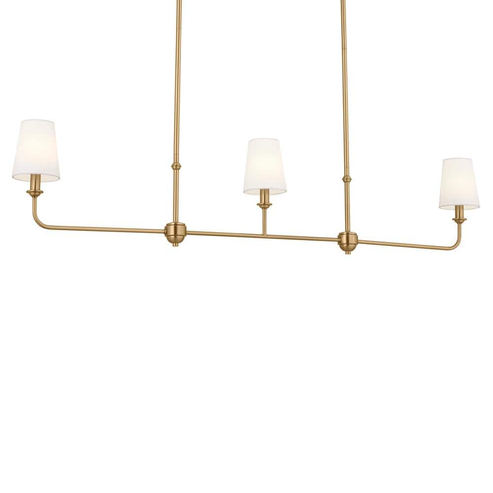 Brushed Natural Brass 3-Light Linear Chandelier with Fabric Shades