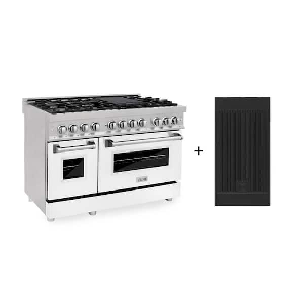 ZLINE Kitchen and Bath 48 in. 7 Burner Double Oven Dual Fuel Range with White Matte Door in Fingerprint Resistant Stainless Steel with Griddle