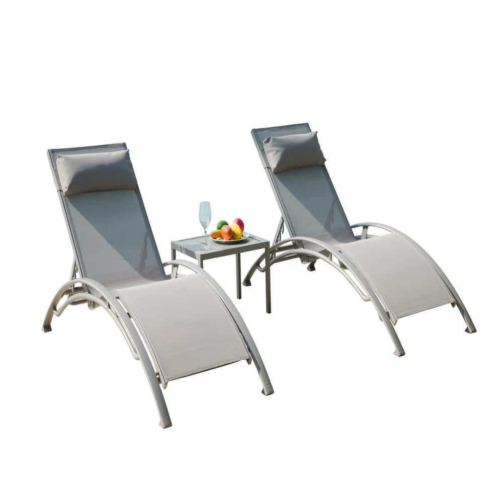 Grey Set of 3-Adjustable Aluminum Outdoor Chaise Lounge Chairs with Metal S
