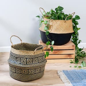 Natural and Black Folding Seagrass Belly Baskets (Set of 2)
