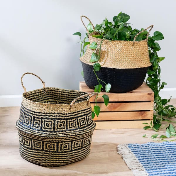 Honey-Can-Do Natural and Black Folding Seagrass Belly Baskets (Set of 2)