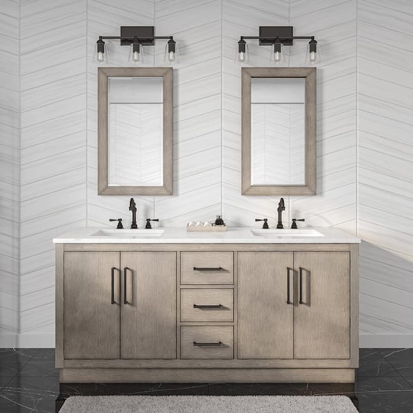 Water Creation Hugo 72 in. W x 22 in. D Bath Vanity in Grey Oak with Marble Vanity Top in White with White Basin