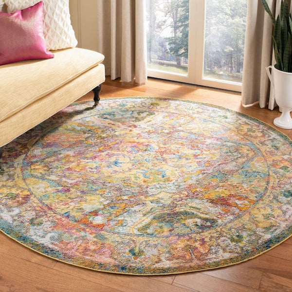 Crystal Light Blue/Orange 7 ft. x 7 ft. Distressed Border Round Area Rug