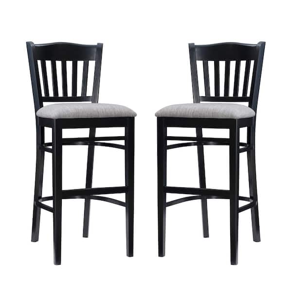 Linon Home Decor Staffey 43.75 in. Black Classic Wood Back Bar Stool with Grey Upholstered-Seat (Set of 2)