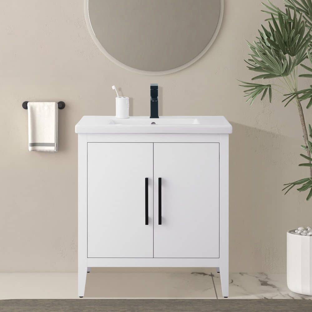 30 in. W x 18.5 in D x 34 in. H Single Sink Bathroom Vanity Cabinet in White with Ceramic Top price history on PriceWatchPro