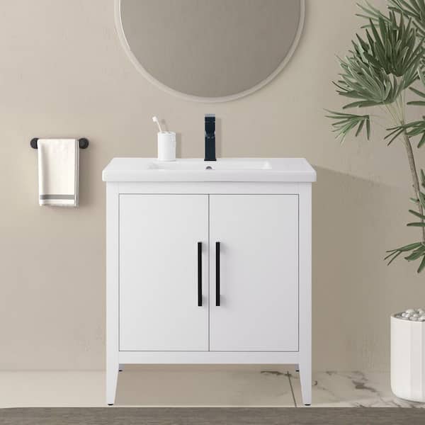 30 in. W x 18.5 in D x 34 in. H Single Sink Bathroom Vanity Cabinet in White with Ceramic Top