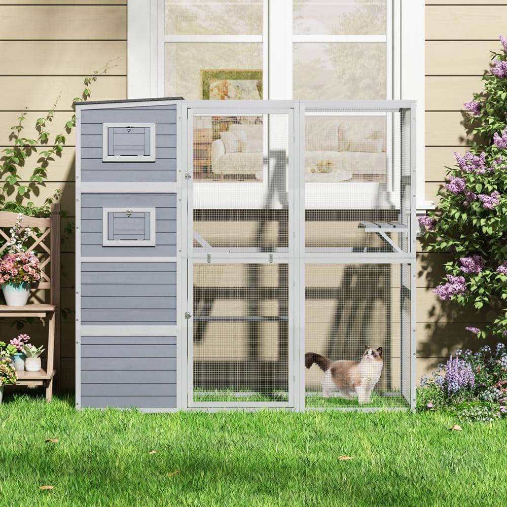 Large Gray Wood Outdoor Cat Enclosure with Mesh Panels