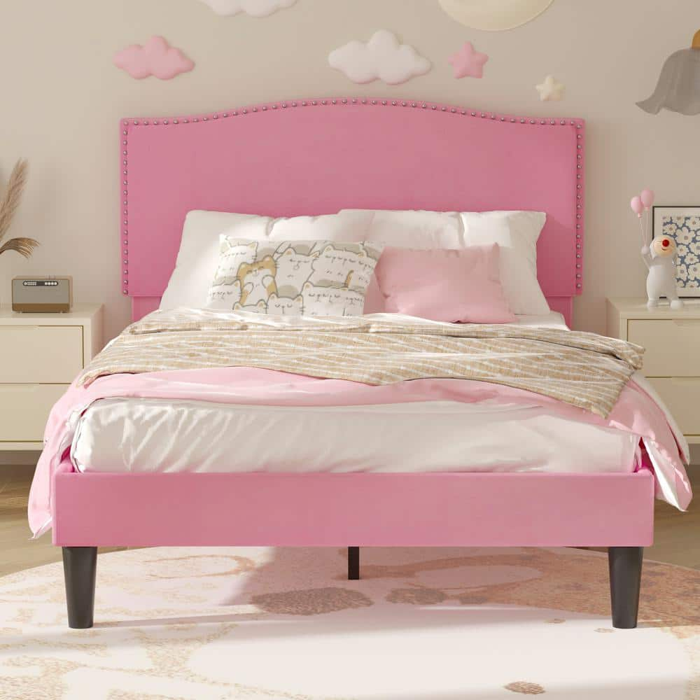 VECELO Platform Bed Frame Pink Metal Frame Twin Platform Bed With ...