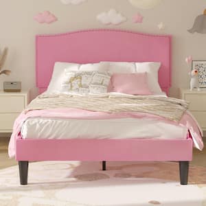 Platform Bed Frame Pink Metal Frame Twin Platform Bed with Upholstered Headboard, Strong Frame and Wooden Slats Support