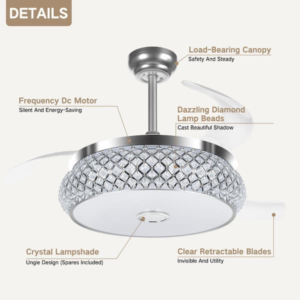 42 in. Silver Modern Bladeless Caged Fandelier Downrod Mount Ceiling Fan Light with Retractable 4-Blade, Remote Included