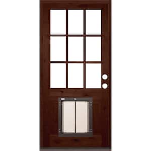 36 in. x 80 in. Left Hand 9-Lite Clear Glass Red Mahogany Stained Wood Prehung Door with Large Dog Door