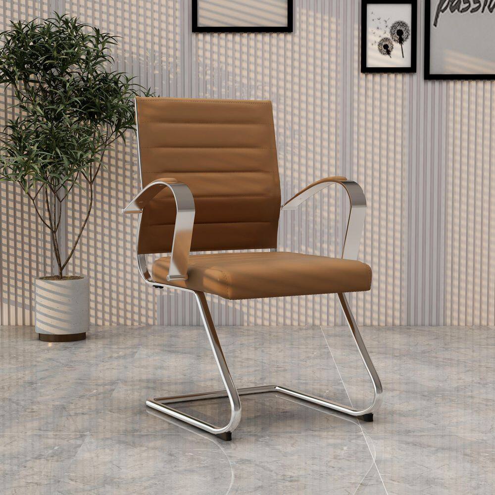 Benmar Office Chair Upholstered in Leather with Stainless Steel Sled Base, Light Brown