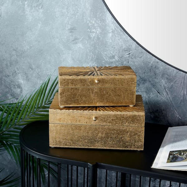 CosmoLiving by Cosmopolitan Rectangle Wood Geometric Box with Hinged Lid (Set of 2)