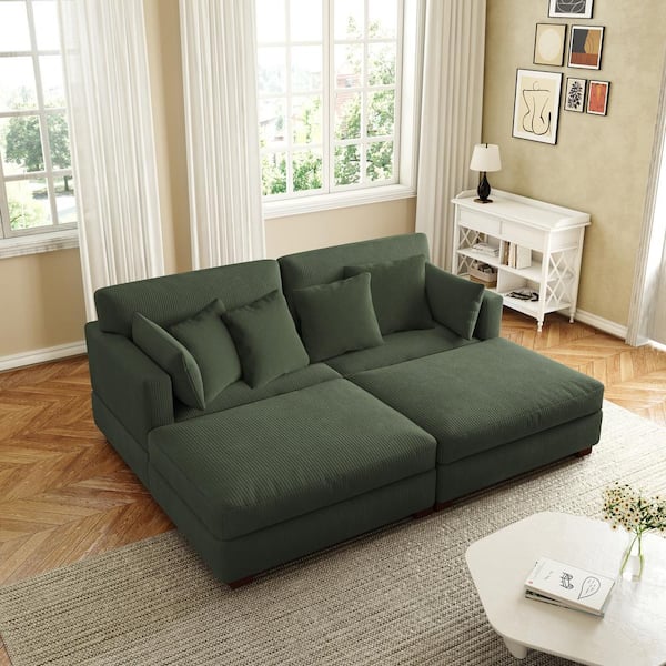 88 in. W Modern Square Arm Corduroy Upholstered Sectional Sofa in Green with 4-Square Pillows