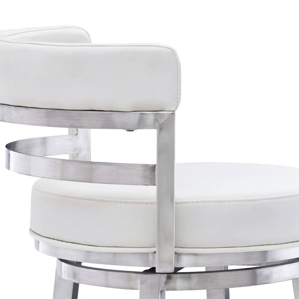 Luxe Swivel 26" White Faux Leather & Brushed Stainless Steel Barstool