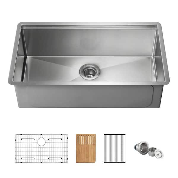 Kitchen Sink 33 in. Undermount Single Bowl 16-Gauge Satin Stainless Steel and Cutting Board Rolling Drying Rack Strainer