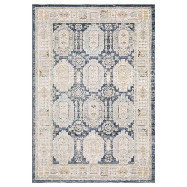 AVERLEY HOME Claire Blue/Gold 2 ft. x 8 ft. Oriental Medallion Distressed Polypropylene-Polyester Blend Indoor Runner Area Rug