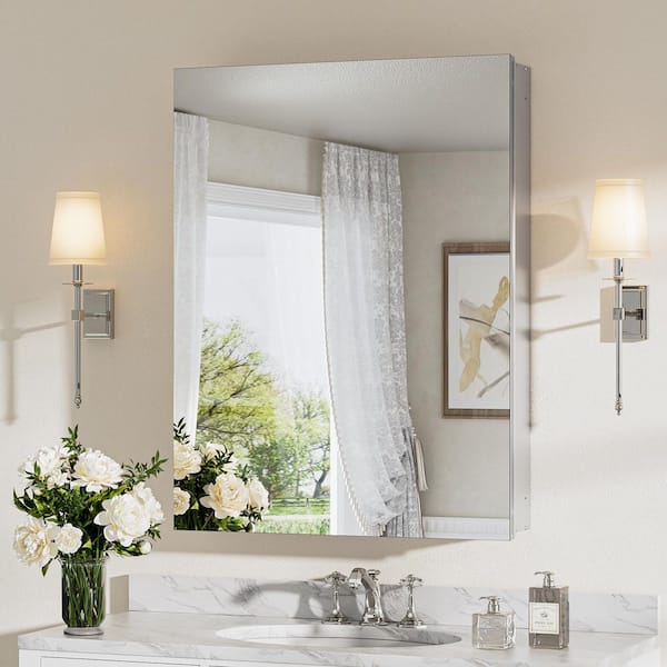KeonJinn 24 in. W x 32 in. H Rectangular Frameless Aluminum Silver Recessed or Surface Mount Medicine Cabinet with Mirror