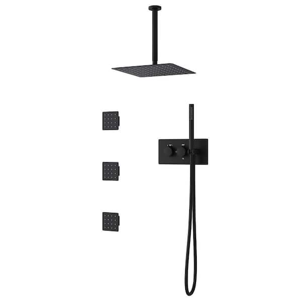 3-Spray Square Deluxe Ceiling 12 in. Shower Head Wall Bar Shower Kit with Thermostatic Mixing Valve in Matte Black