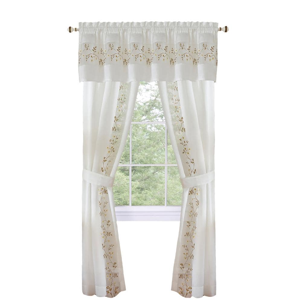 White Faux Silk Embroidered 5-Piece Window Curtain Set