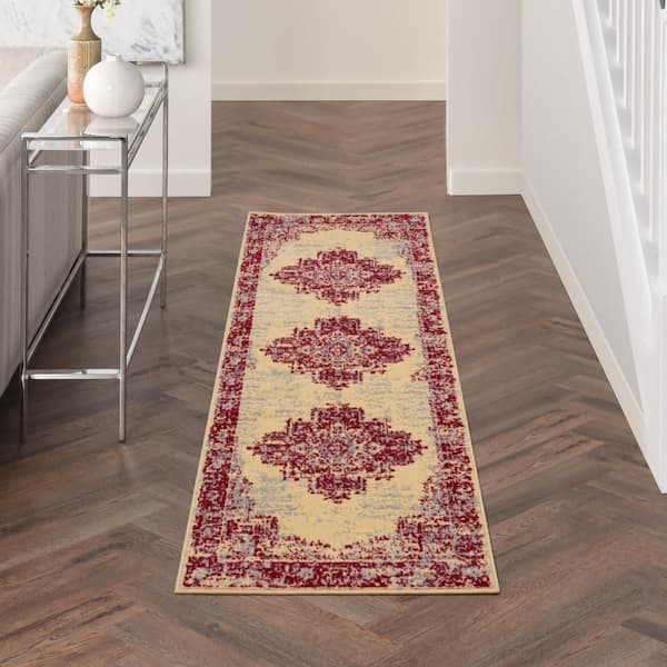 Grafix Cream/Red 2 ft. x 8 ft. Persian Medallion Transitional Kitchen Runner Area Rug