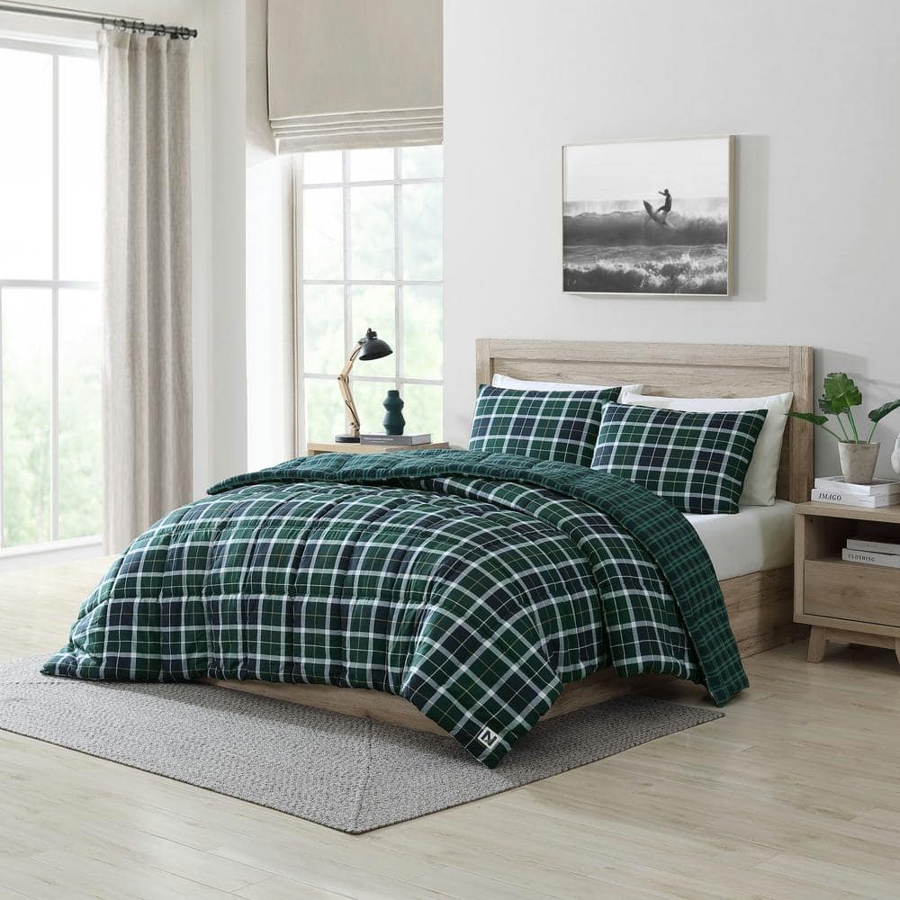 Green and Navy Plaid Full/Queen Duvet Cover Set with Shams