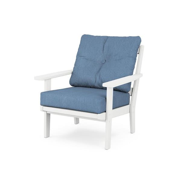 POLYWOOD Prairie Plastic Outdoor Deep Seating Chair in White with Sky Blue Cushion