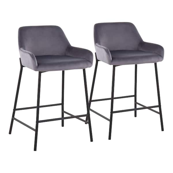 Lumisource Daniella 33 in. Fixed-Height Silver Velvet and Black Steel Counter Height Bar Stool (Set of 2)