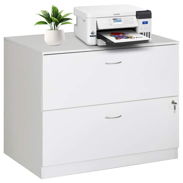 30-Inch White Wooden Lateral File Cabinet with Two Spacious Drawers, One Lockable - Suitable for Home Office