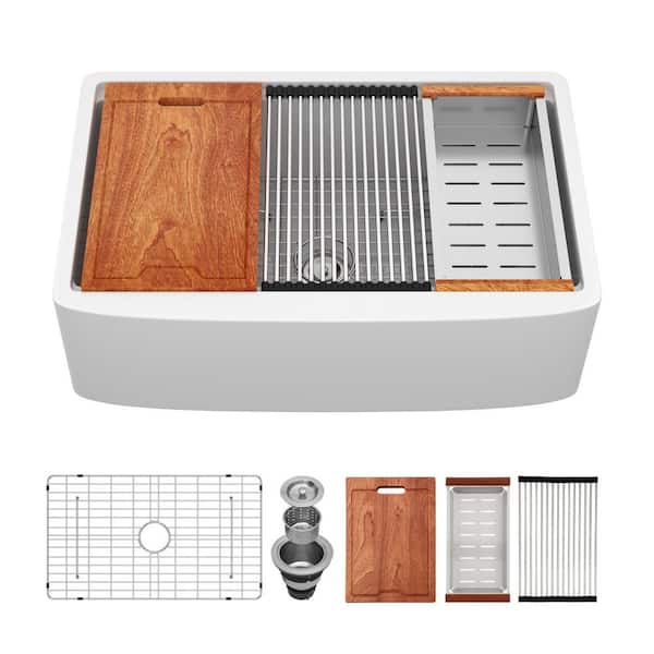 33 in. Undermount Single Bowl White Porcelain Ceramic Farmhouse/Apron Front Kitchen Sink Basin with All Accessories