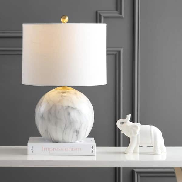 JONATHAN Y Luna 21.5 in. Faux Marble Resin LED Table Lamp, White/Brass Gold