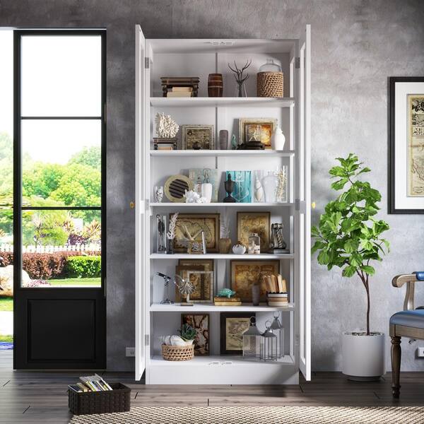 102-8/不二見焼/向付9客 FUFU&GAGA 70.9 in. H White Wood 2-Glass Door Accent Storage