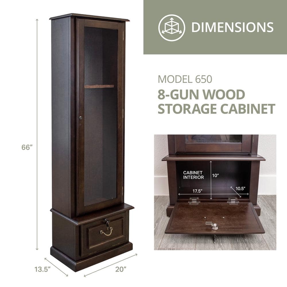 Dark Brown Solid Wood 8-Gun Display Cabinet with Locking Glass Door