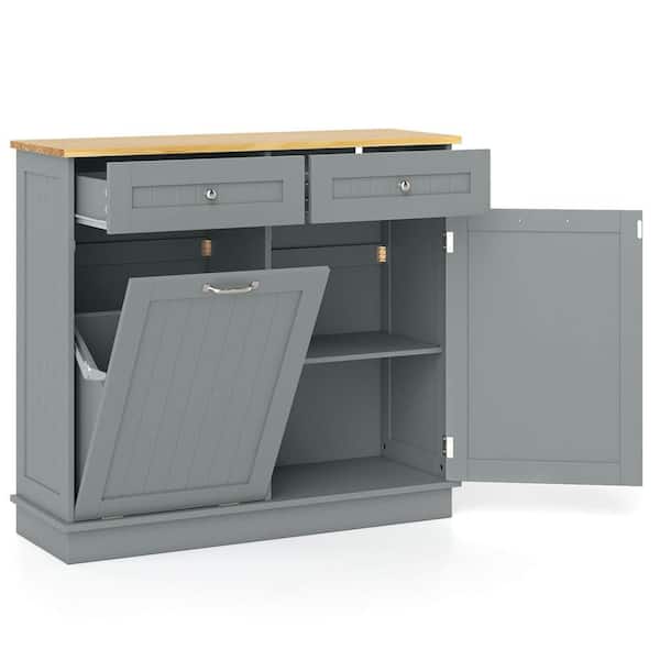Gray MDF 39.5 in. Wooden Kitchen Sideboard Trash Cabinet Tilt Out Bin Holder with Drawer and Storage Shelf