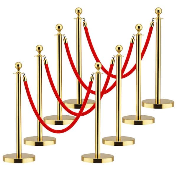 4-Piece Stainless Steel Gold Stanchions with Red Velvet Rope 5 ft. Crowd Control Barrier with Ball Top