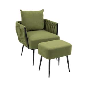 Modern Green Linen Accent Chair with Ottoman with Metal Frame