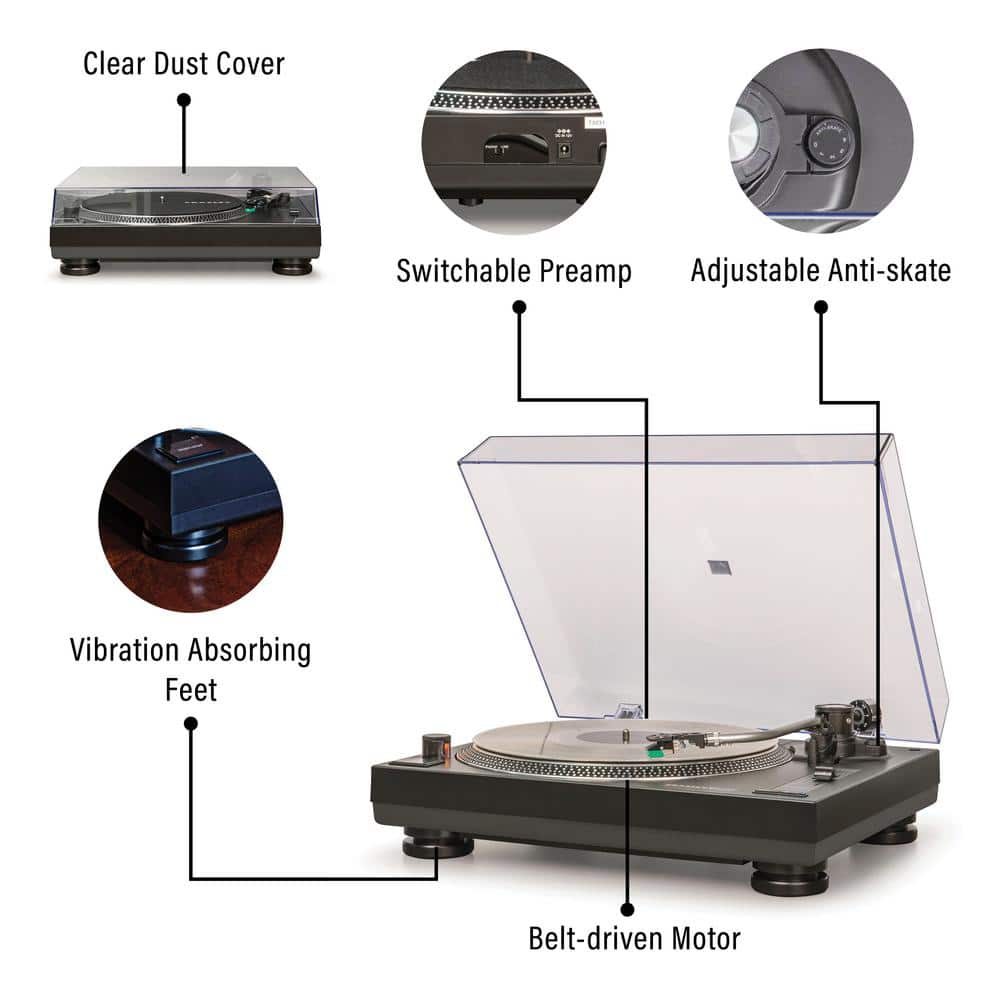 Black Aluminum Turntable with Bluetooth and Stereo Speakers