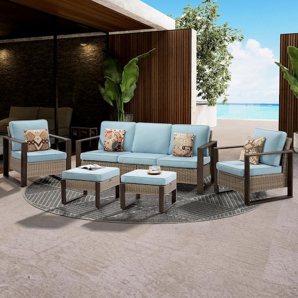 5-Piece Patio Wicker Outdoor Conversation Sectional Set with Steel Frame and Baby Blue Cushions