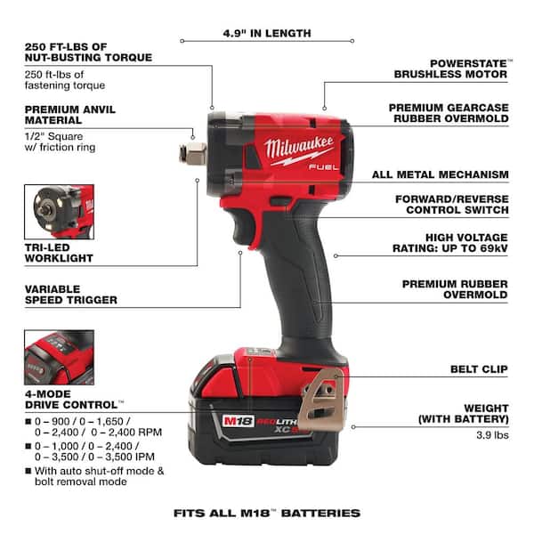 Batteries Milwaukee 2861-22 M18 FUEL 1/2" Dr Mid-Torque Impact Wrench Kit w/2 