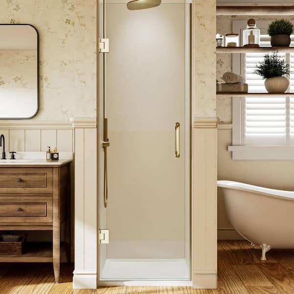 24 in. W x 72 in. H Hinged Frameless Shower Panel Shower Door in Brush Gold Finish with Clear Glass (8 mm)