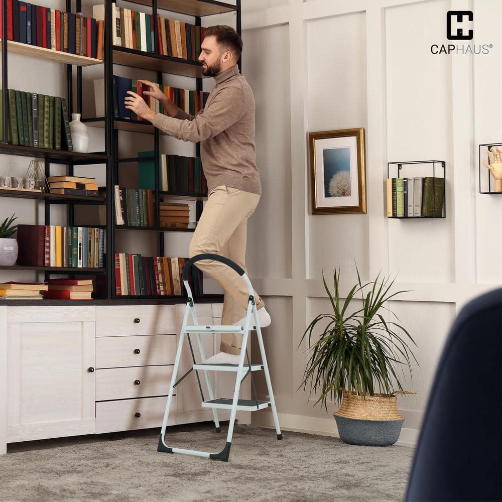 White 3-Step Folding Metal Step Stool with Hand Grip
