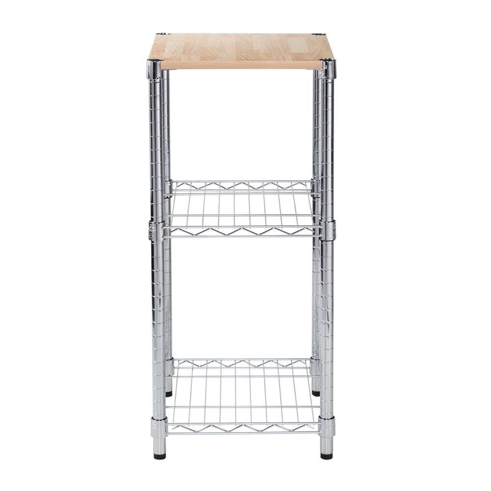 Contemporary Chrome & Wood 3-Tier Adjustable Shelving Unit