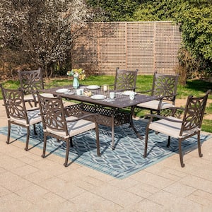Brown 7-Piece Cast Aluminum Patio Outdoor Dining Set With Extendable Table and Dining Chairs With Beige Cushion