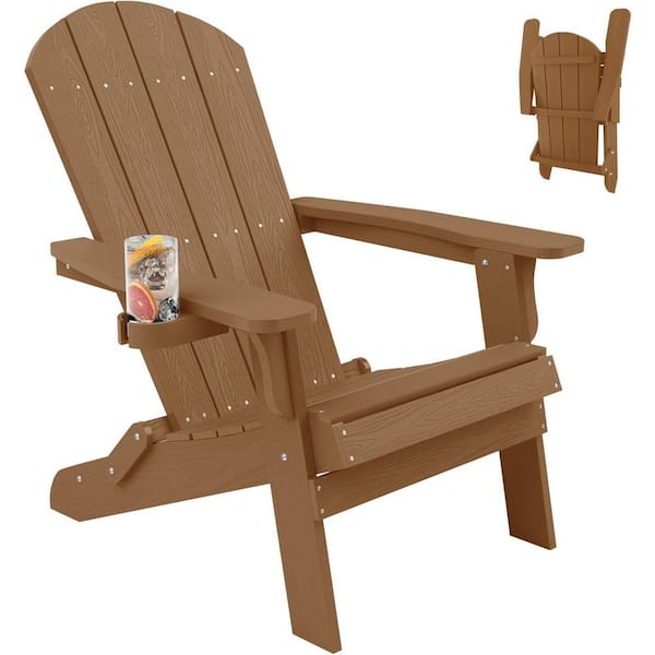 Teak Plastic Outdoor Folding Adirondack Chair with Cup Holder