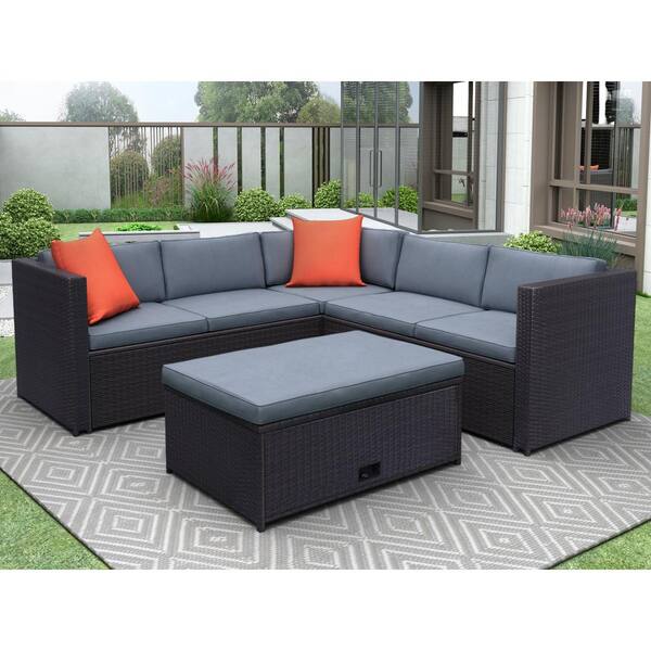 waelph Brown Wicker Outdoor Sectional Set Garden Sofa with Gray Cushion