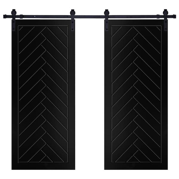 Unbranded Modern FramedHerringbone Designed 48 in. x 80 in. MDF Panel Black Painted Double Sliding Barn Door with Hardware Kit