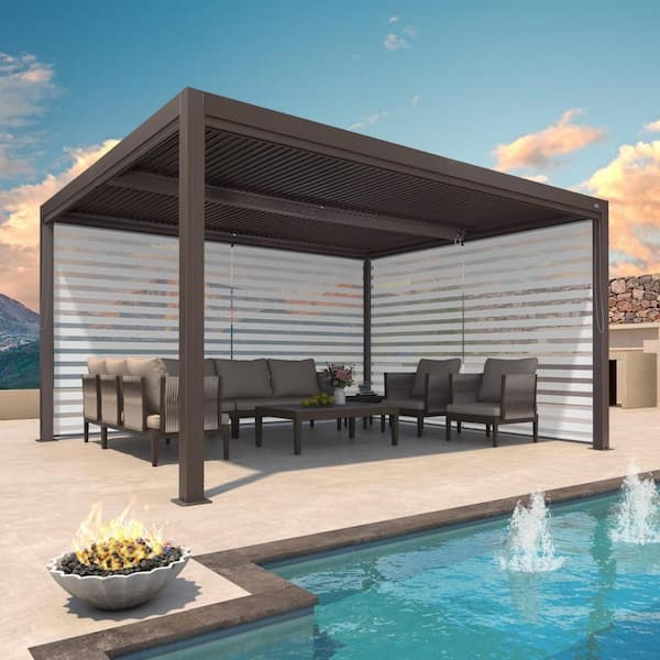 PURPLE LEAF 11 ft. x 14 ft. Bronze Aluminum Frame Louvered Pergola with Adjustable Shade Roof and 1-Long 1-Short Side Roller Shades