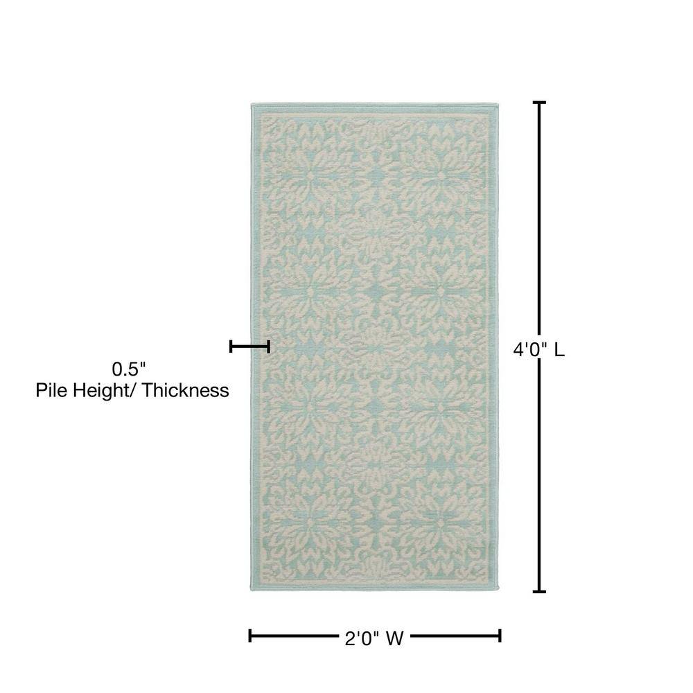 Ivory & Green Floral Synthetic 2' x 4' Easy-Care Rug