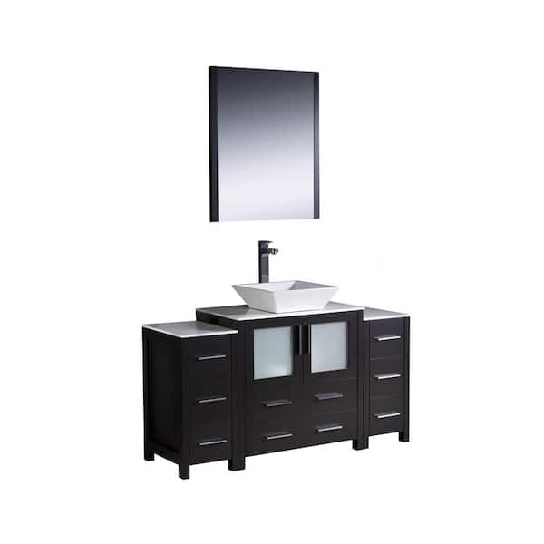 Fresca Torino 54 in. Vanity in Espresso with Glass Stone Vanity Top in White with White Basin and Mirror (Faucet Not Included)